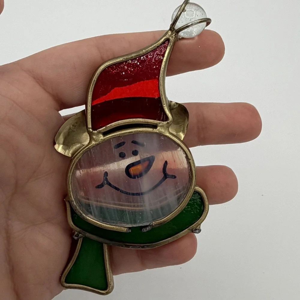 VTG Stained Glass Snowman Christmas Ornament Holiday Decor Red Hat Green Scarf‎